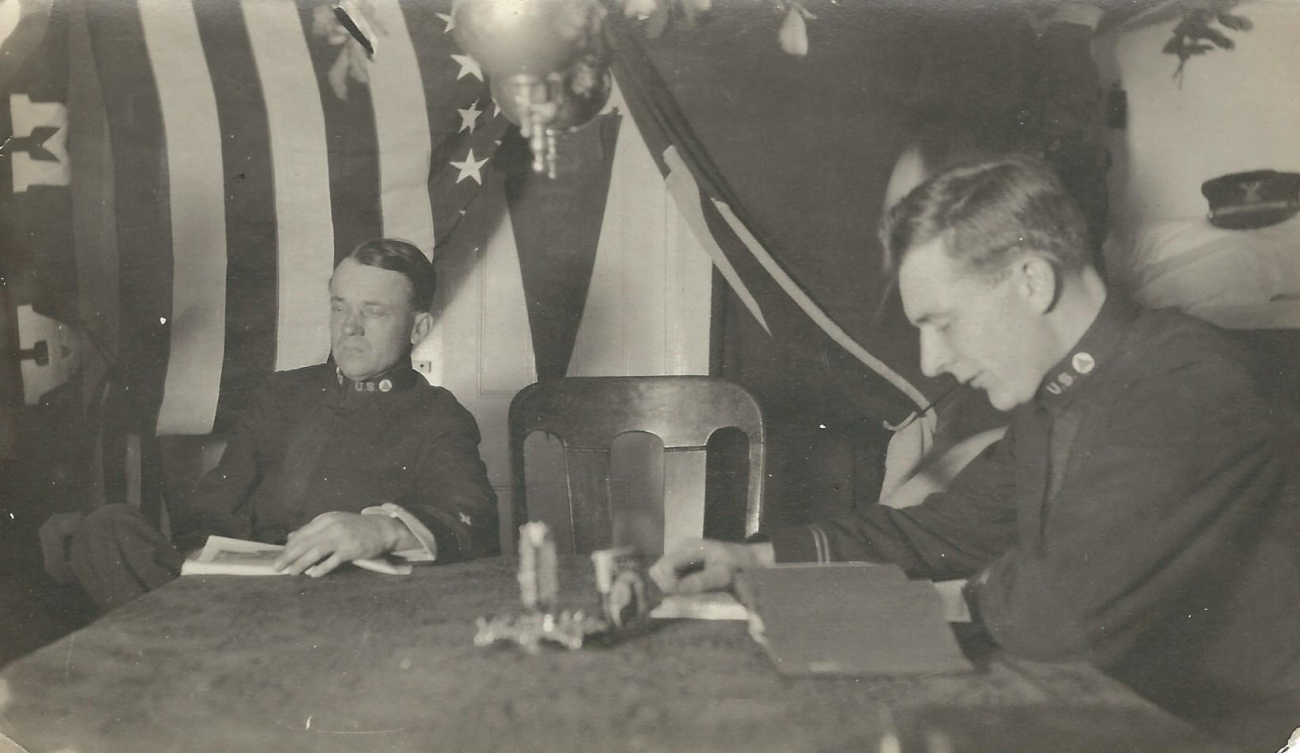 Chief Engineer Locke and Lieutenant Ray Schoppe in the wardroom of theRANGER