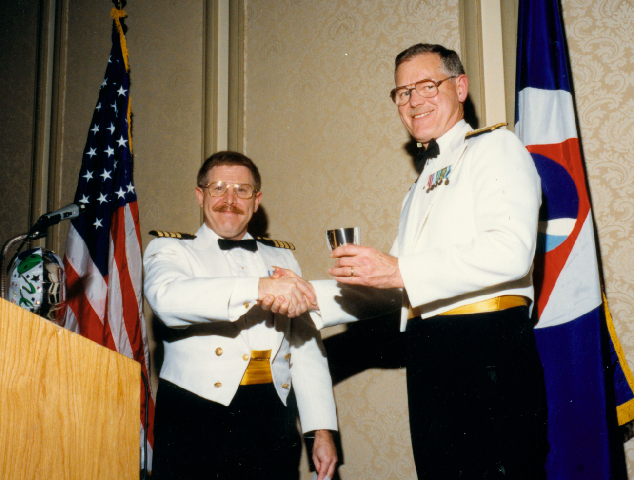 Rear Admiral Sig Petersen, Director of NOAA Corps, and Captain Arthur Flior atdining out