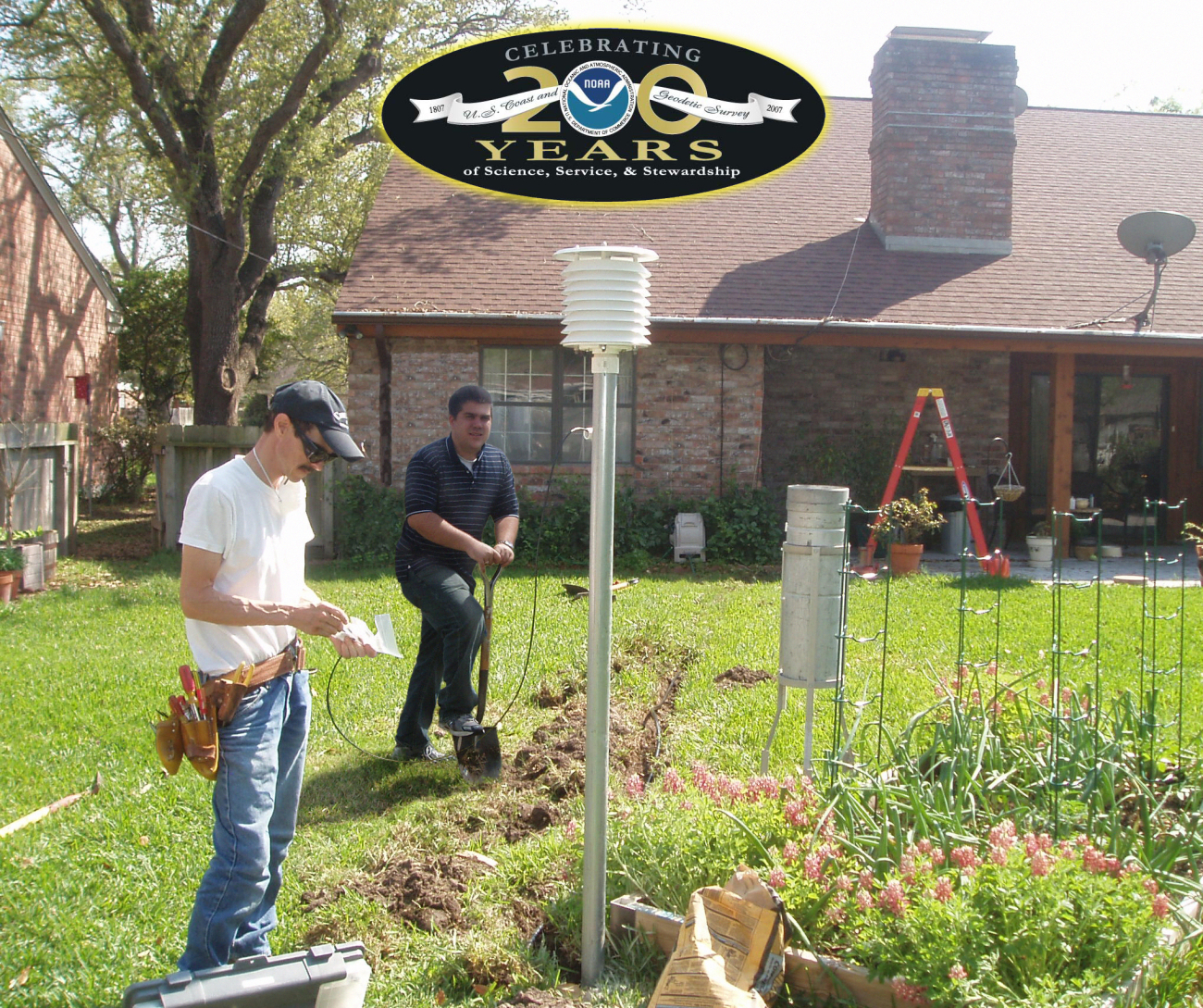 Personnel from the NWSFO in Corpus Christi, Texas, helping install a temperature sensor and a rain gauge for new volunteer Cooperative Observers at their homein Sinton, Texas