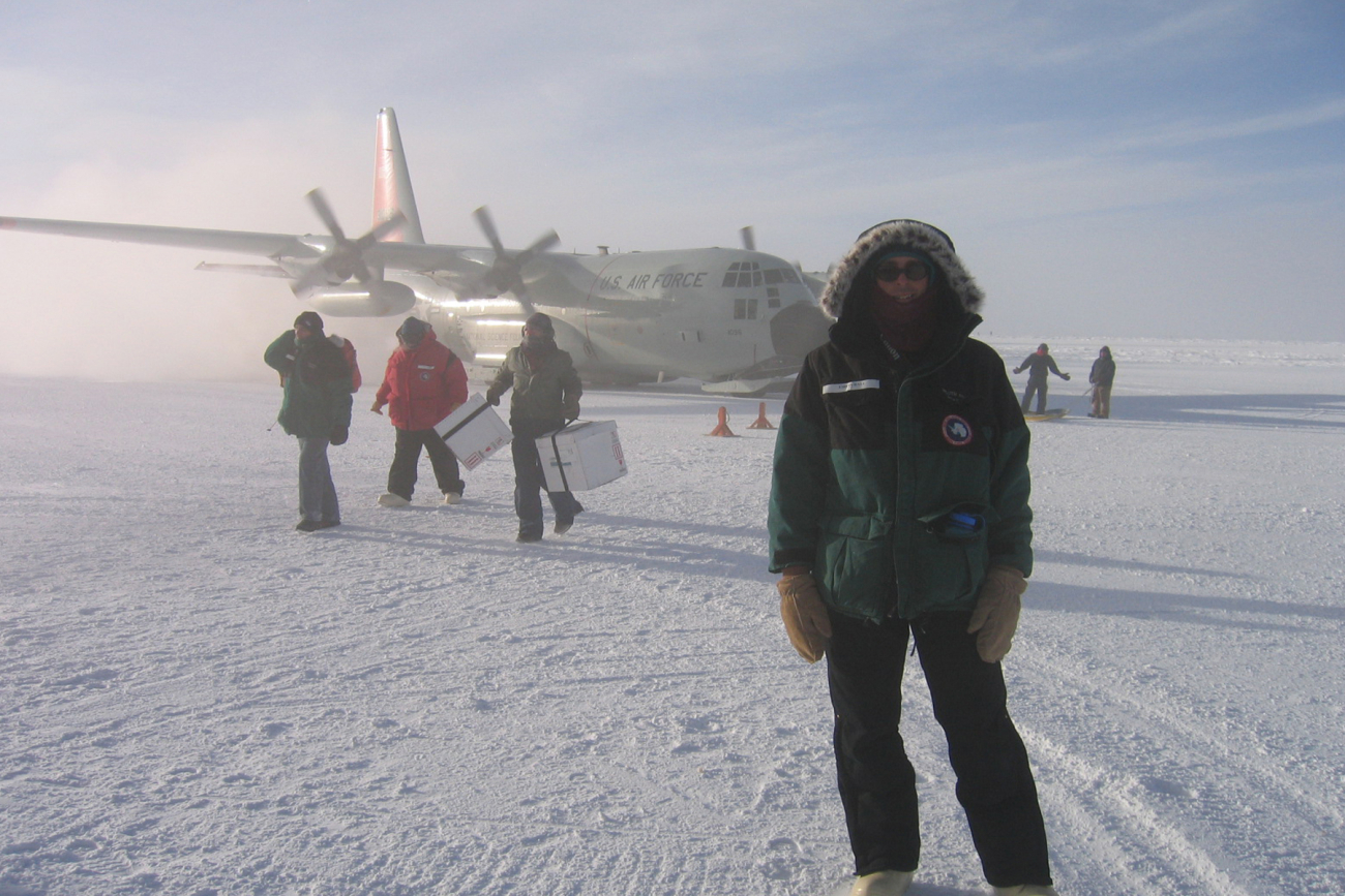 NOAA Earth System Research Laboratory Technician Emrys Hall just after arrivalat the South Pole Station on a ski-equipped New York Air National Guard LC-130