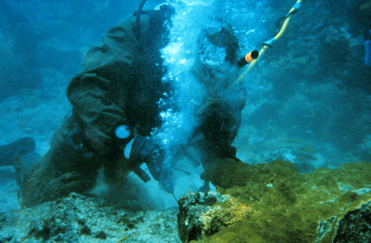 One diver prepares to attach coral, another diver works using surface suppliedair