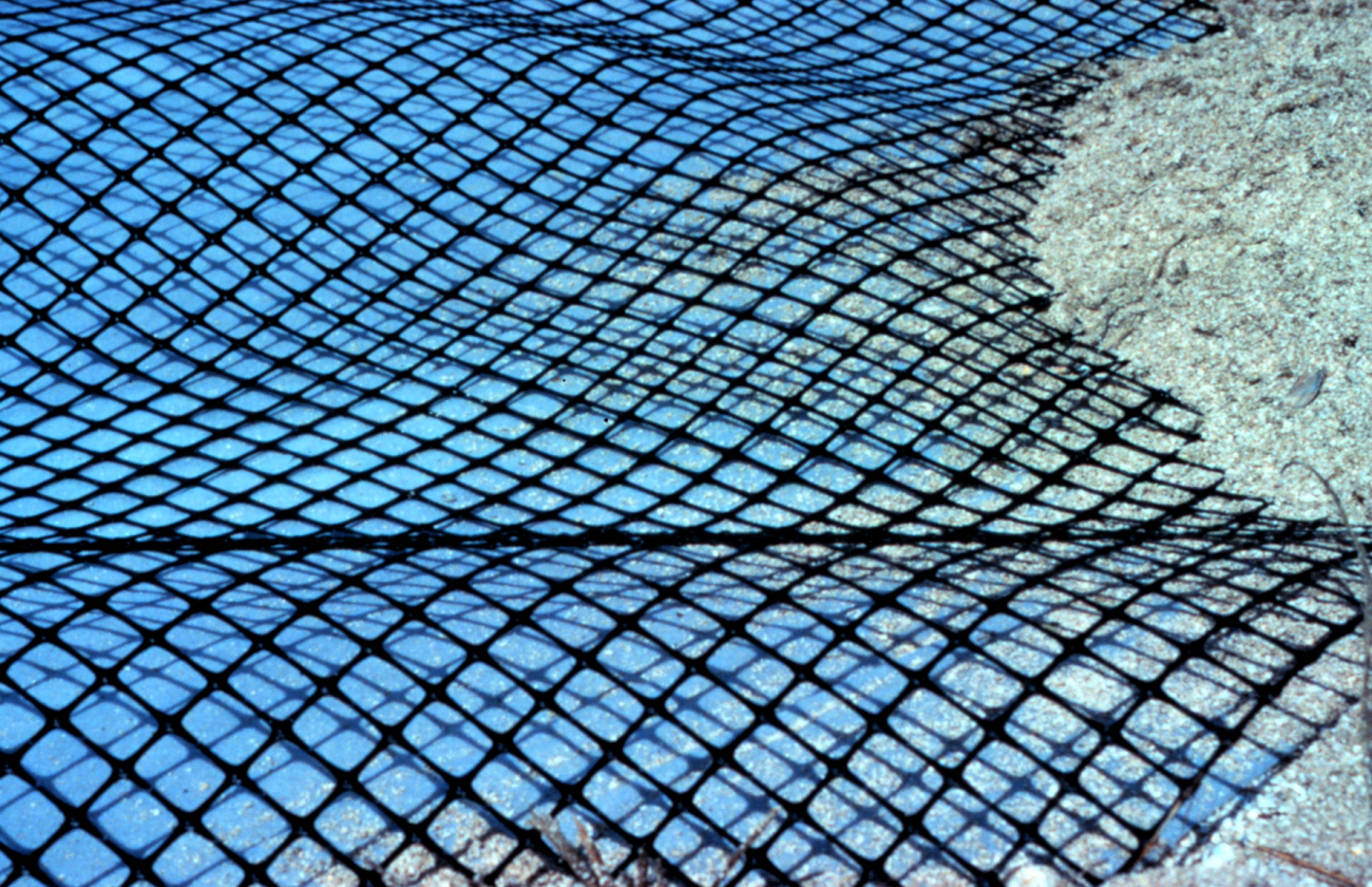 A close up of the filter cloth and geogrid