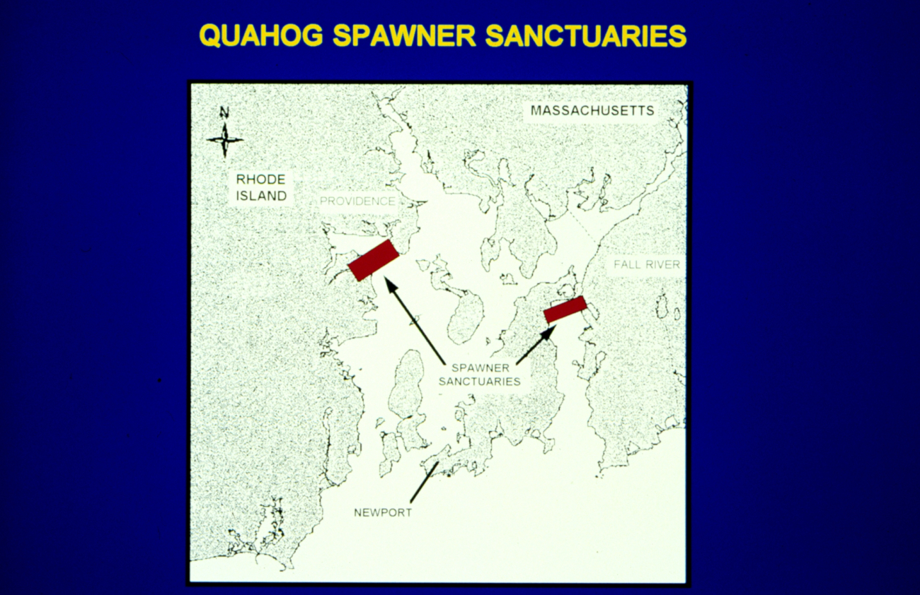 A schematic showing areas designated for the quahog spawner sanctuaries
