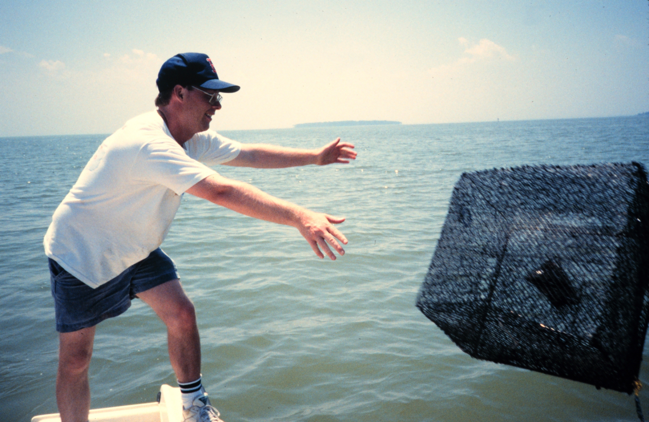 Chris Doley of NOAA sets a crab pot at a reference site, Coaches Island is inthe distance