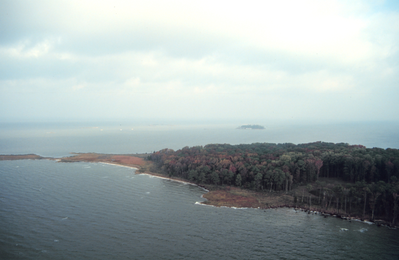 An aerial view of Coaches Island, Middle Poplar Island is seen in the distance