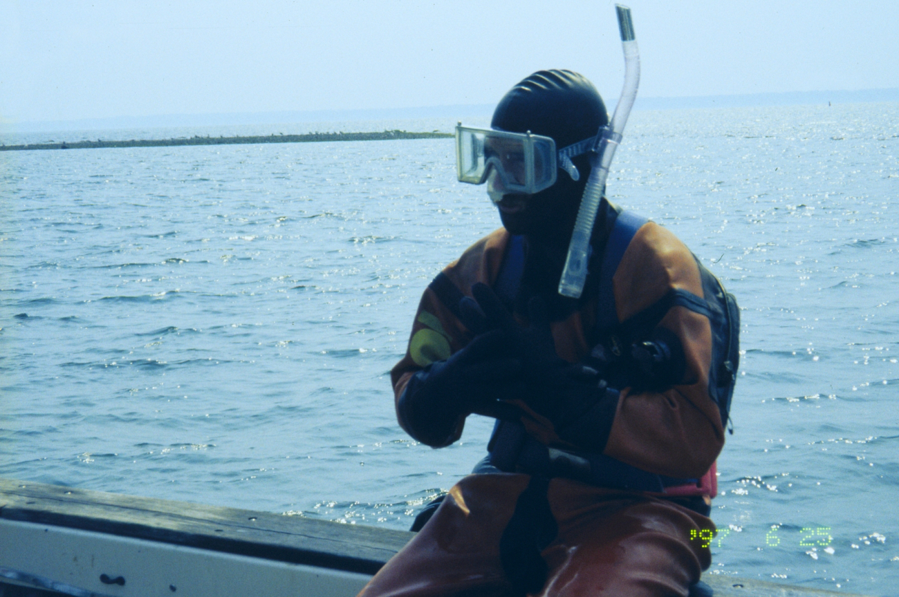 The third in a series of images showing NOAA scientists at the 1997 transplantsite just before transplanting the eelgrass turf