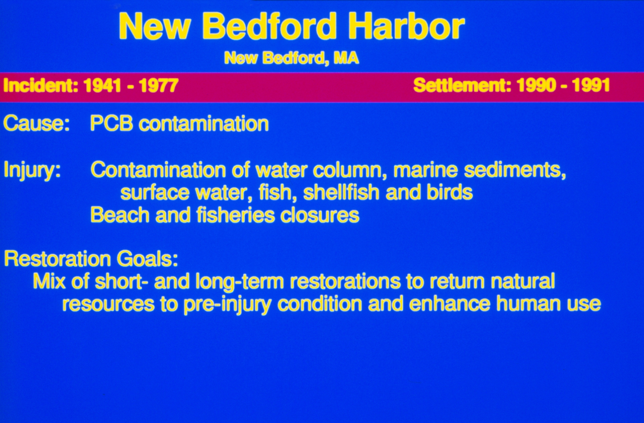 A slide describing the restoration goals at the New Bedford Harbor Superfundsite