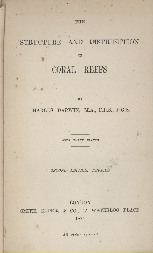 Title page to the 1874 edition of Darwin's Structure and Distribution of CoralReefs