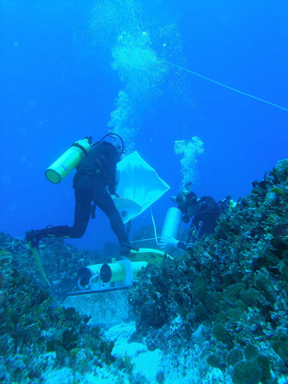 Biological Technicians Danny Merritt and Oliver Dameron install the newOcean Data Platform (ODP) on Santa Rosa bank off of Guam