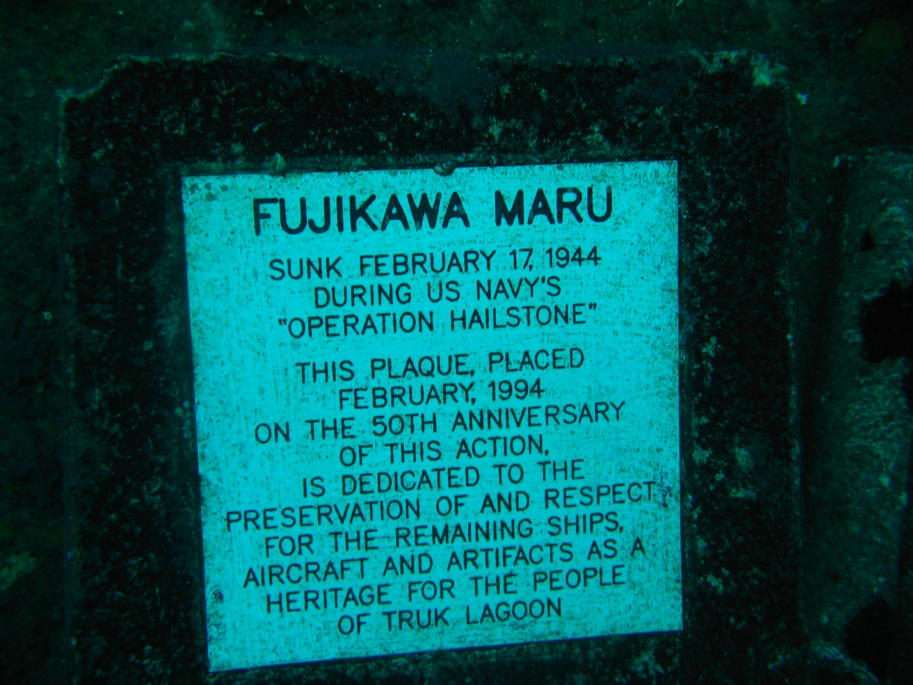 Plaque placed on the Fujikawa Maru commemorating the 50th Anniversary of thesinking of this vessel during WWII