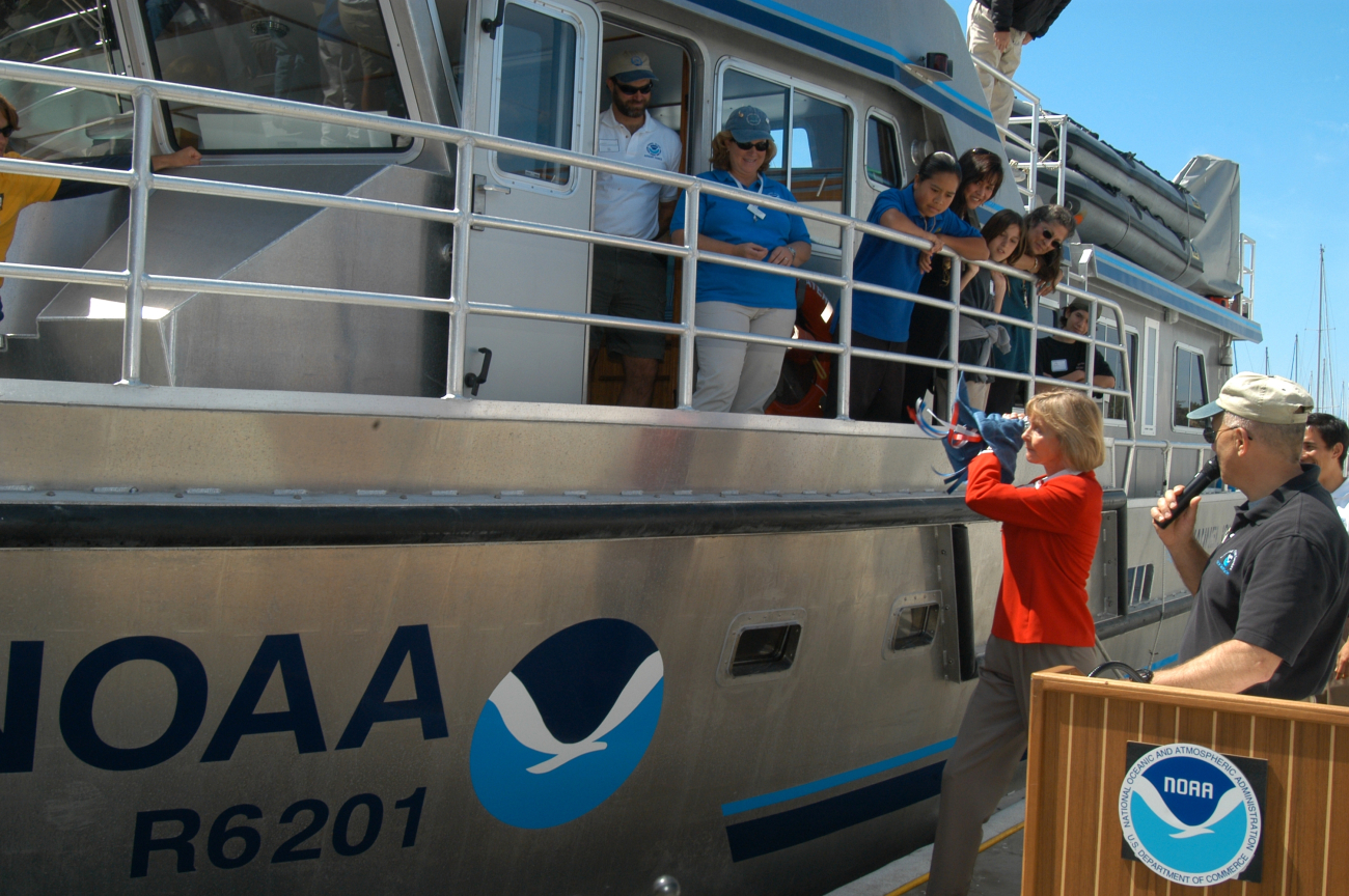 Congresswoman Lois Capps christening the National Marine Sanctuary vesselthe SHEARWATER