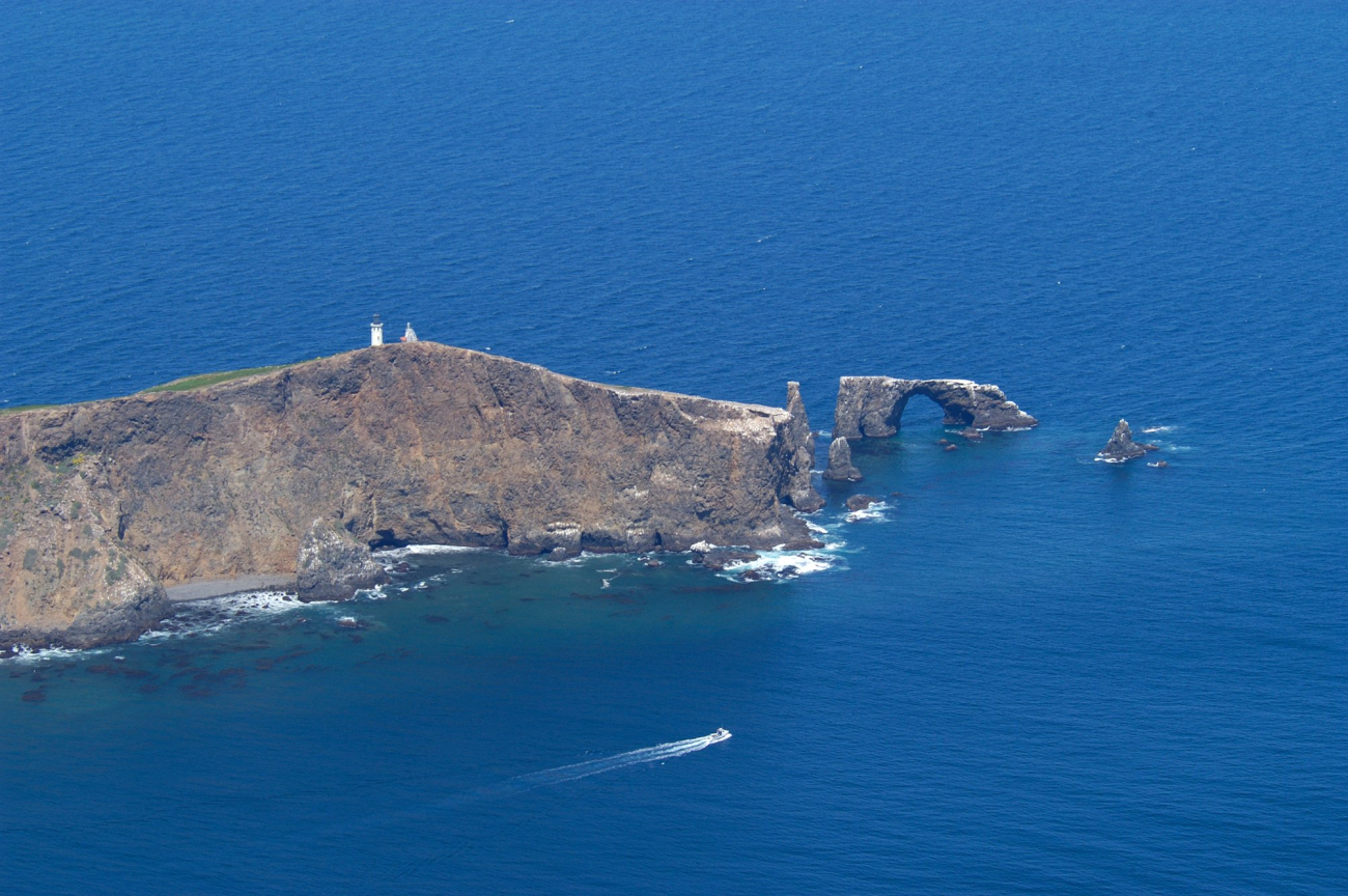Aerial view of the lighthouse  and rock arch on Anacapa Island