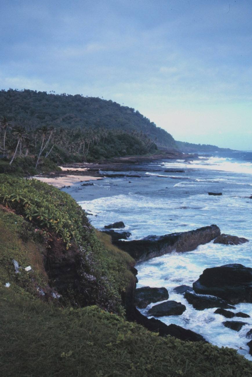 Black lava rock structures and white sand beaches comprise this part of theshoreline of American Samoa