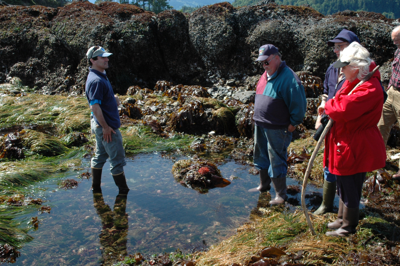 Greg McCormack,  Naturalist and Education Specialist for the OlympicCoast National Marine Sanctuary, is talking to a group of volunteerdocents about plants and animals found in tide pools