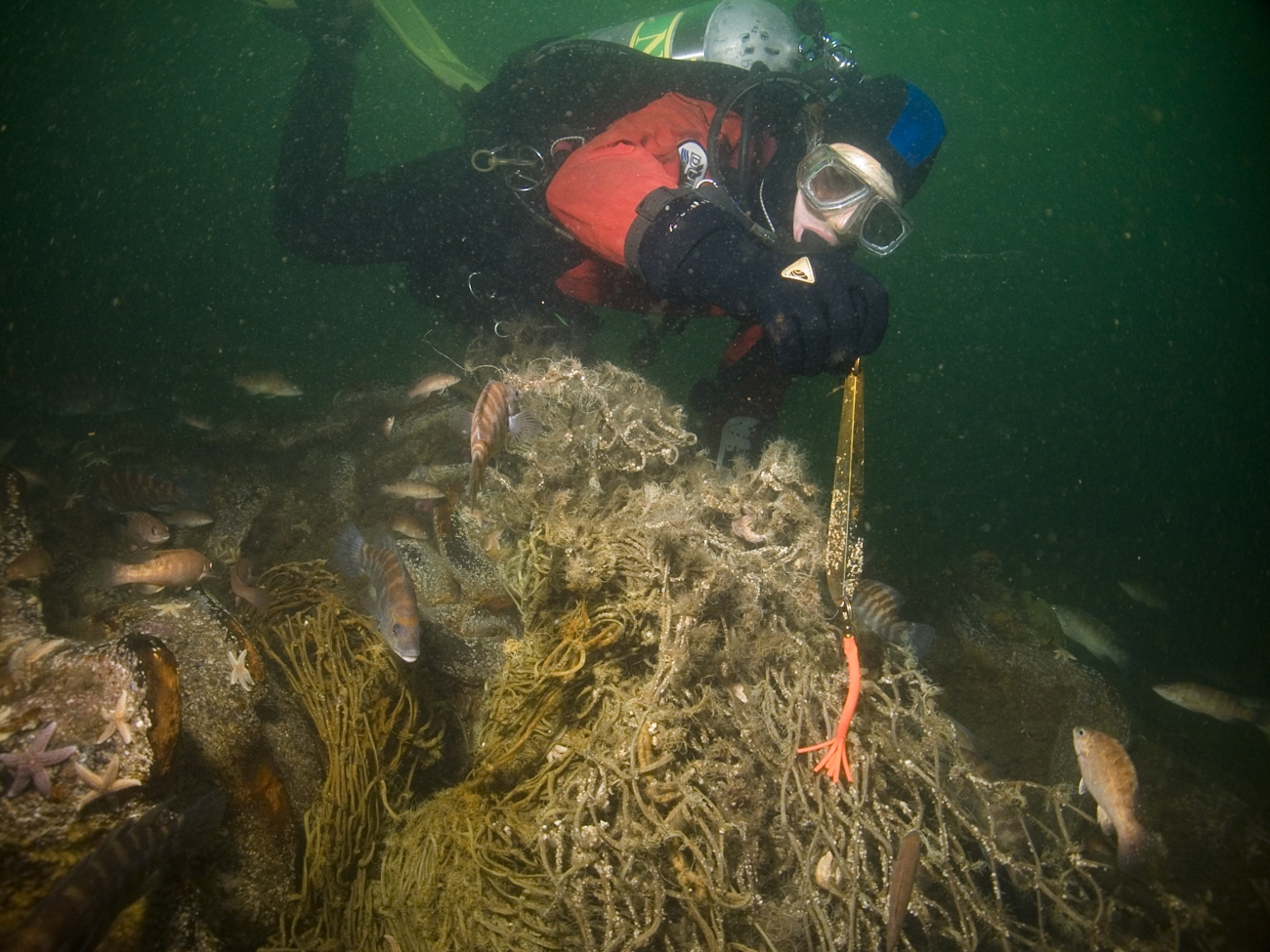Marine debris on the shipwreck of the coal schooner Paul Palmerincludes recreational fishing line and jigs