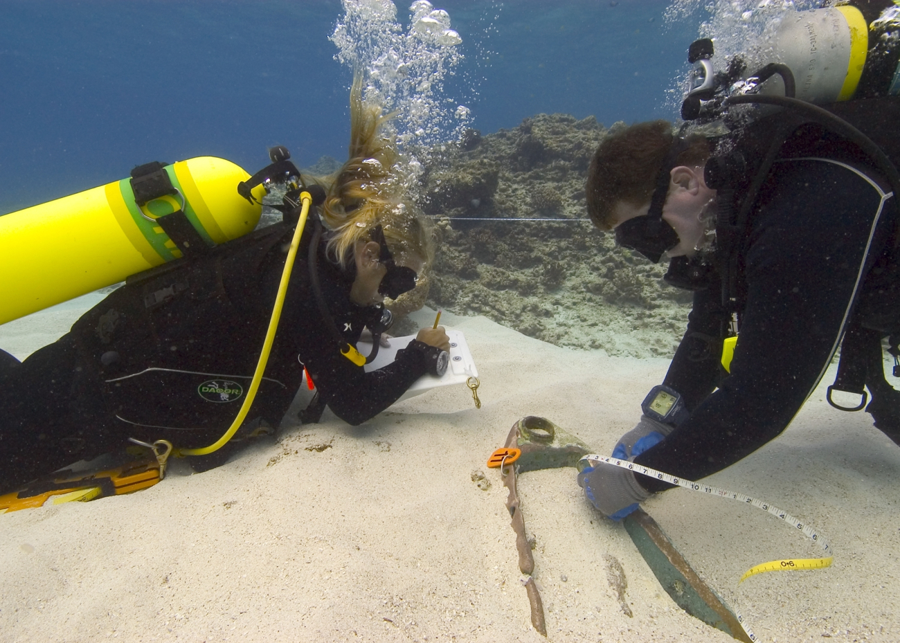 Tane Casserly and Kelly Gleason mapping the remains of a shipwreck