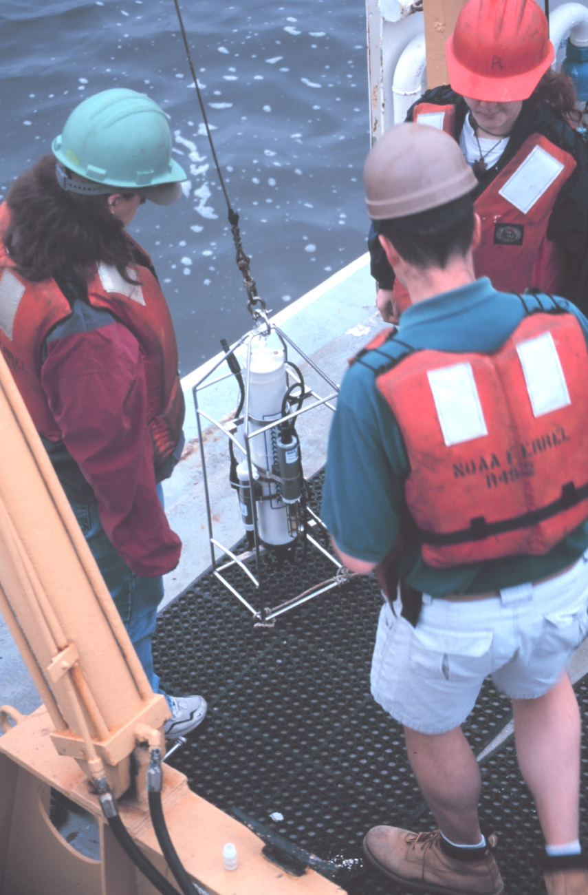 Deploying a CTD instrument from the NOAA Ship FERREL