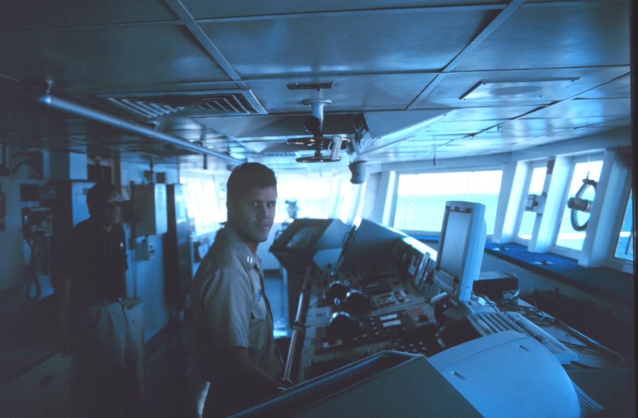 NAURU99 Chief Scientist and Lieutenant Mark Boland on the bridge of the NOAAShip RONALD H