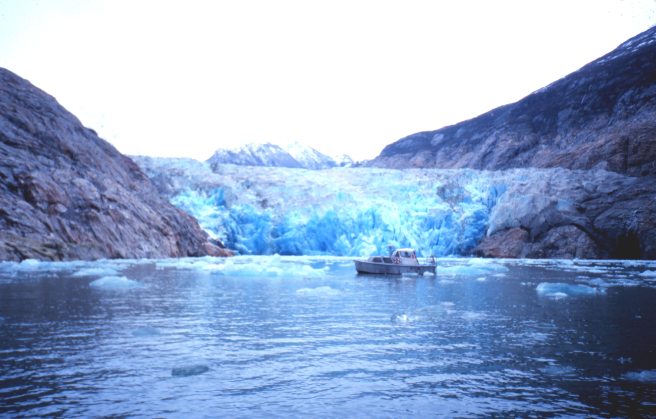 RA-1 boat surveying in the icy waters of Tracy Arm