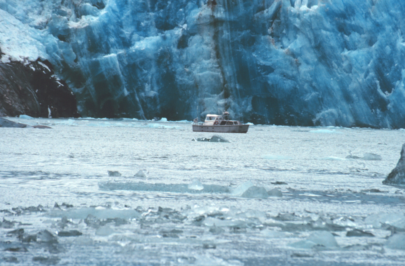 RA-3 boat is dwarfed by Sawyer Glacier at the head of Tracy Arm