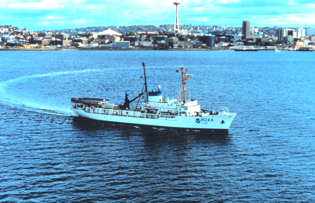 The NOAA Ship SURVEYOR off Seattle with the Space Needle in the background