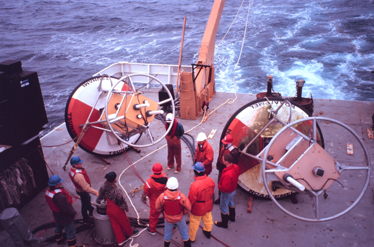 Oceanographic buoys ready for deployment on the stern of the NOAA ShipRONALD H