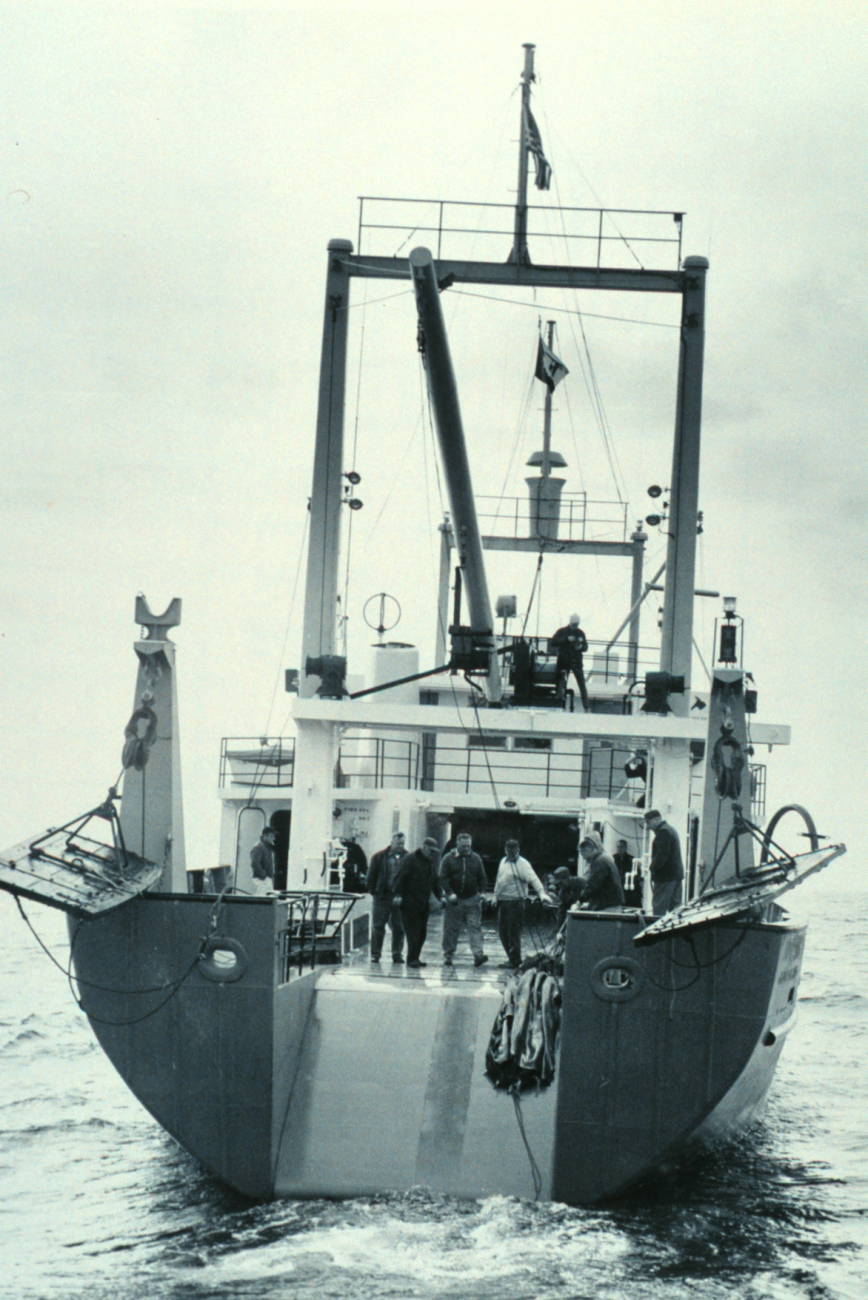 Stern view of the DELAWARE II while preparing for trawling operations