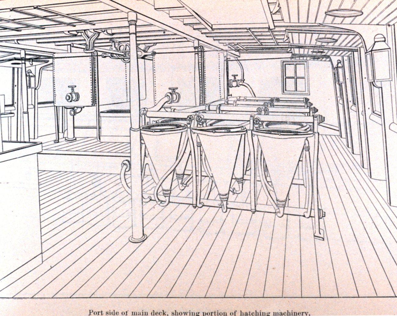 Port side of main deck of FISH-HAWK, showing portion of hatching machinery