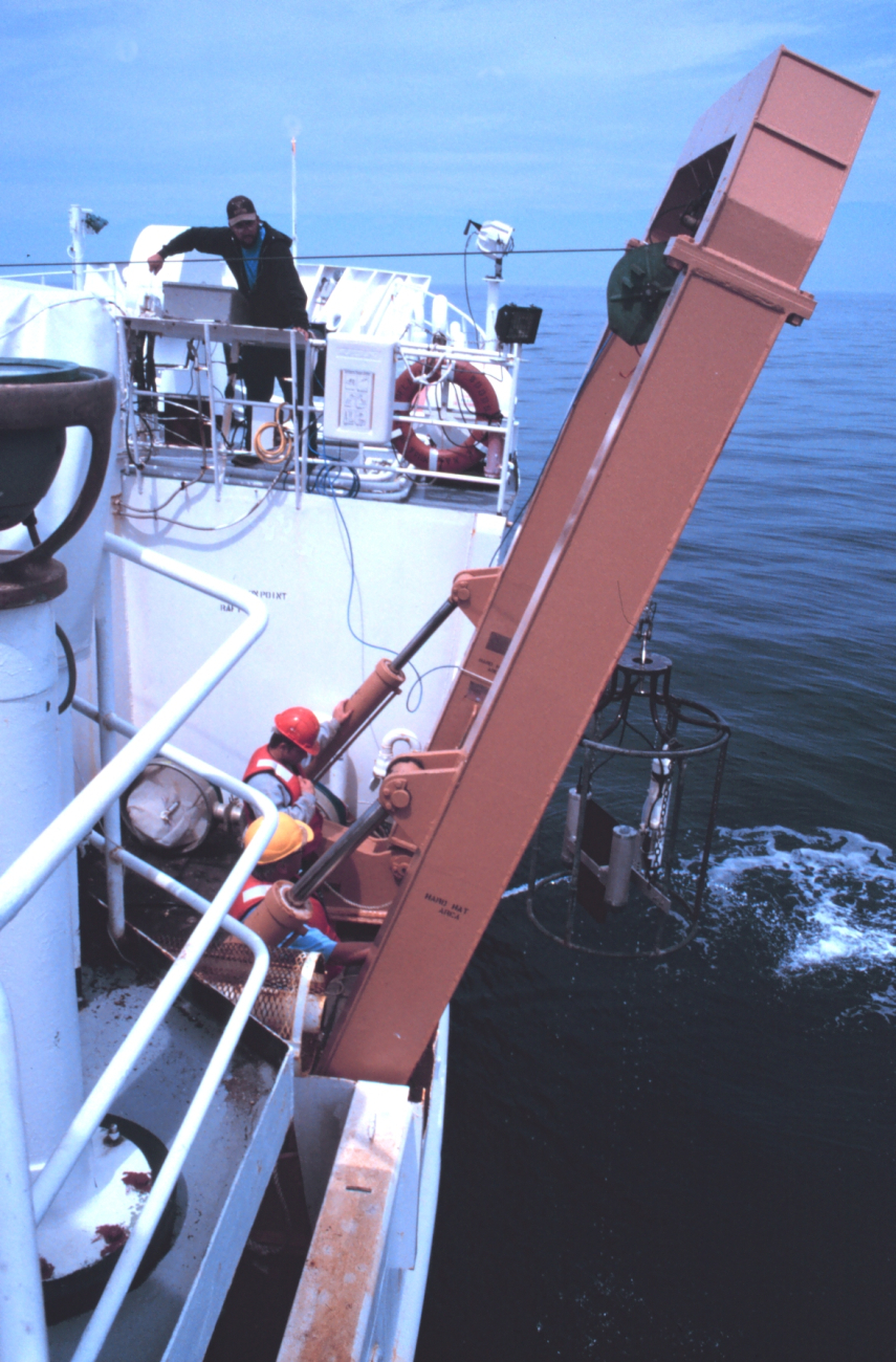 CTD rosette work on the starboard bow A-frame of the DELAWARE II