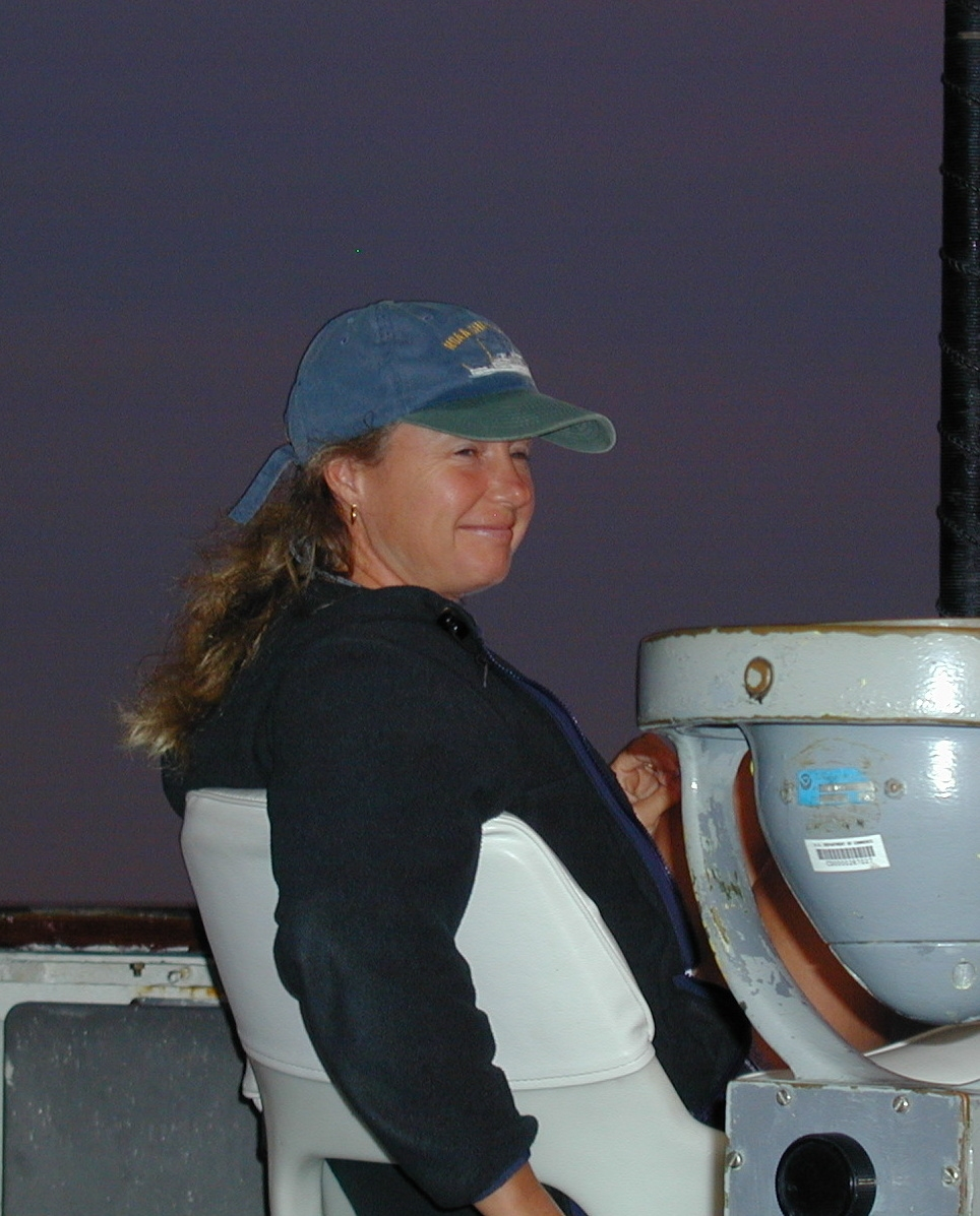 Marine mammal observer Paula Olson of the NMFS Southwest Fisheries Science Center at the computer/recorder position during STAR 2000