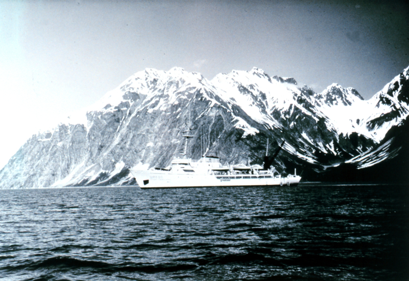 Coast and Geodetic Survey Ship FAIRWEATHER MSS220 at Glacier Bay, Alaska, with Fairweather Range in the background