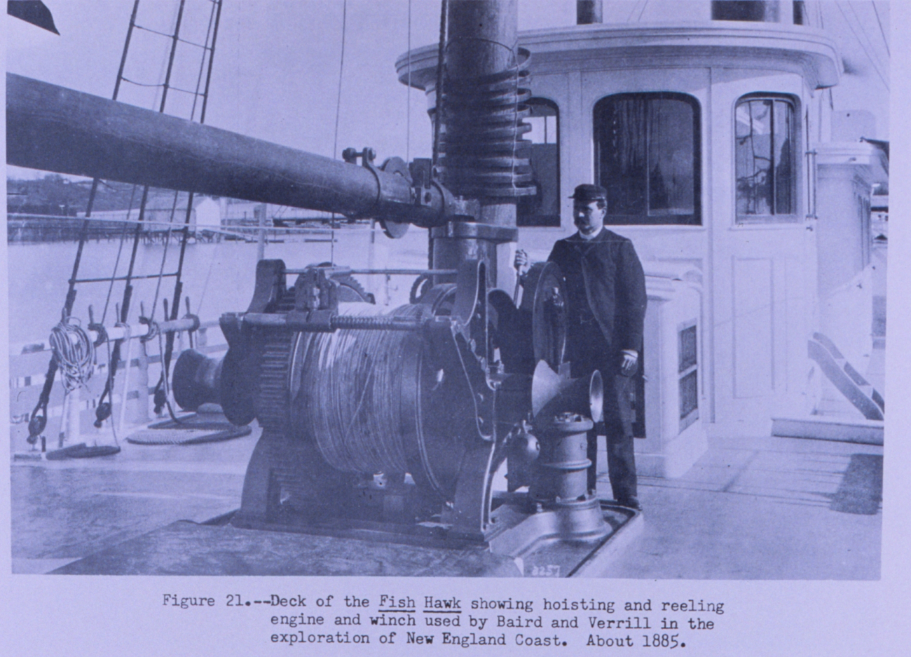 Deck of the FISH HAWK showing hoisting and reeling engine and winch used bySpencer Fullerton Baird and Professor Verrill in the exploration of the NewEngland coast