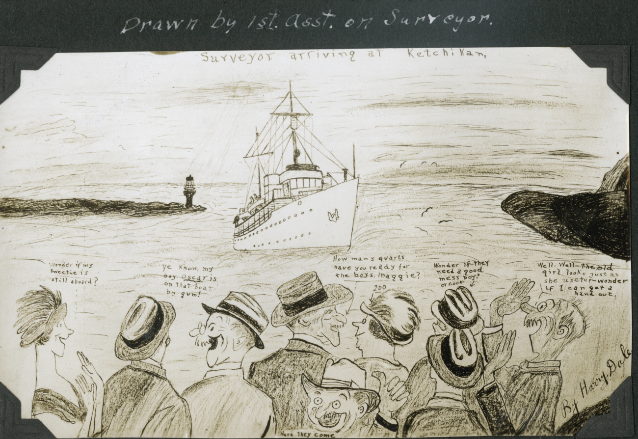 Cartoon of the SURVEYOR arriving at Ketchikan with old acquaintances waiting atthe dock