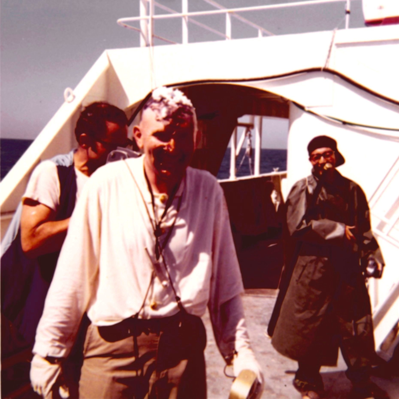 Commander Hubert Keith, Executive Officer of the ESSA Ship DISCOVERER, after atrip to the royal barber during Equator crossing ceremonies
