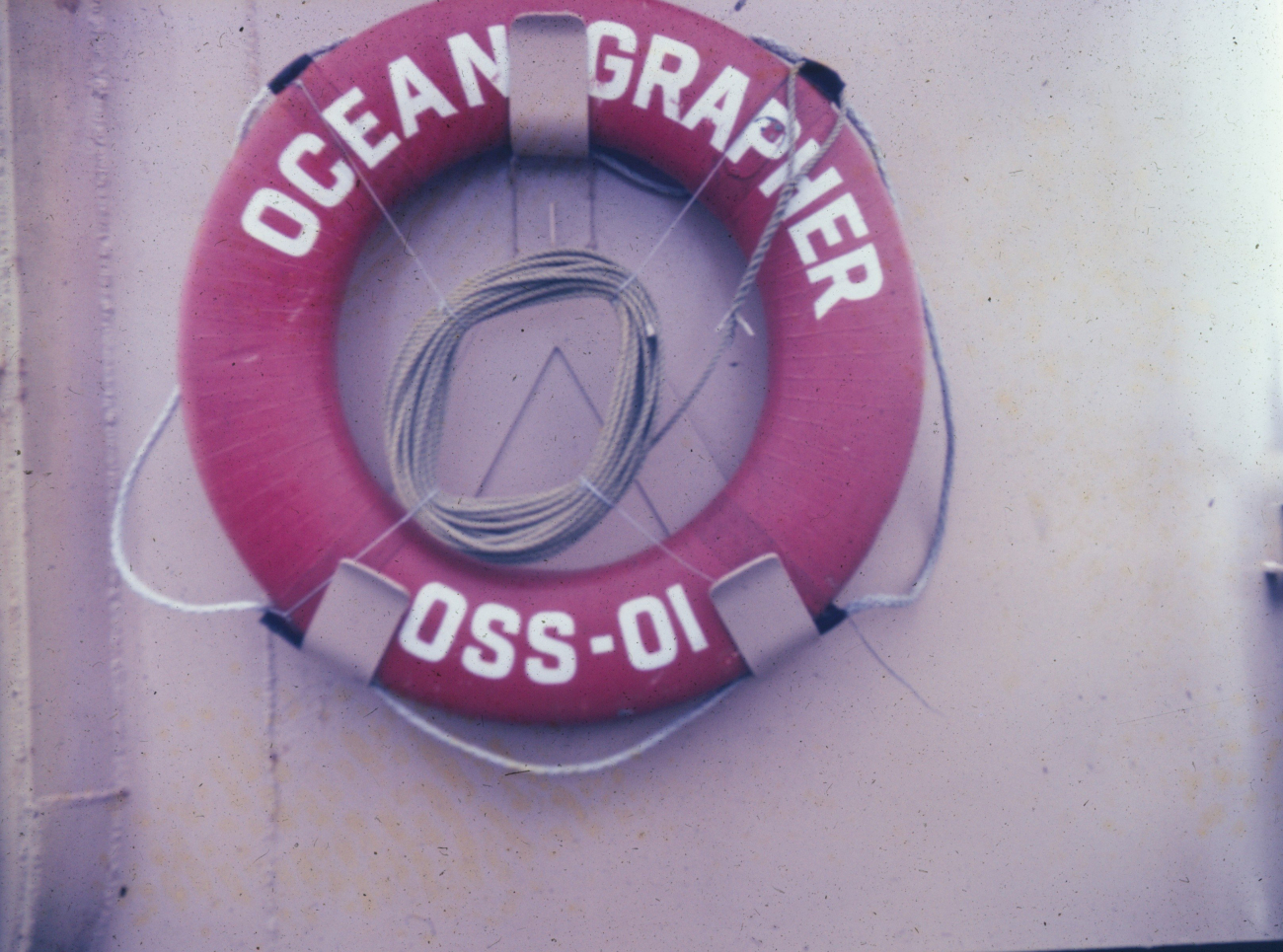 Life ring on ESSA Ship OCEANOGRAPHER at beginning of around the worldcruise