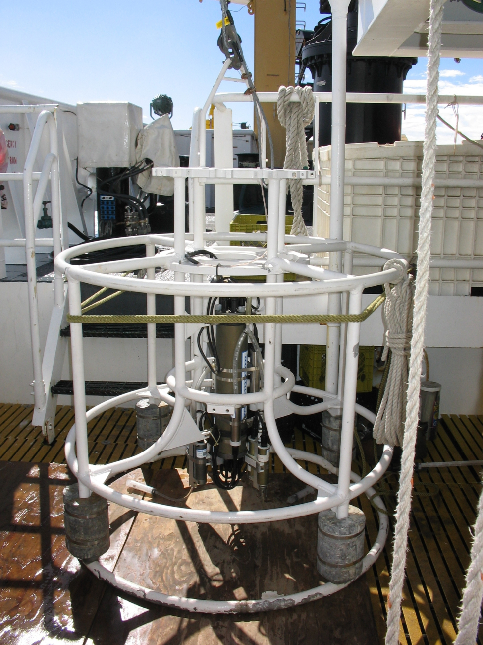 CTD instrument in cage ready for deployment on the NOAA Ship OSCAR SETTE