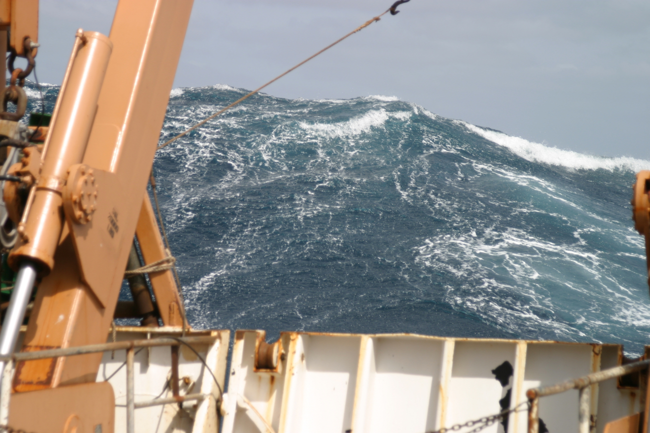 A large wave towering astern of the NOAA Ship DELAWARE II