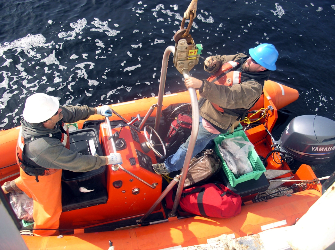 Launching the rescue boat during the 2005 NWFSC Acoustic Hake Survey