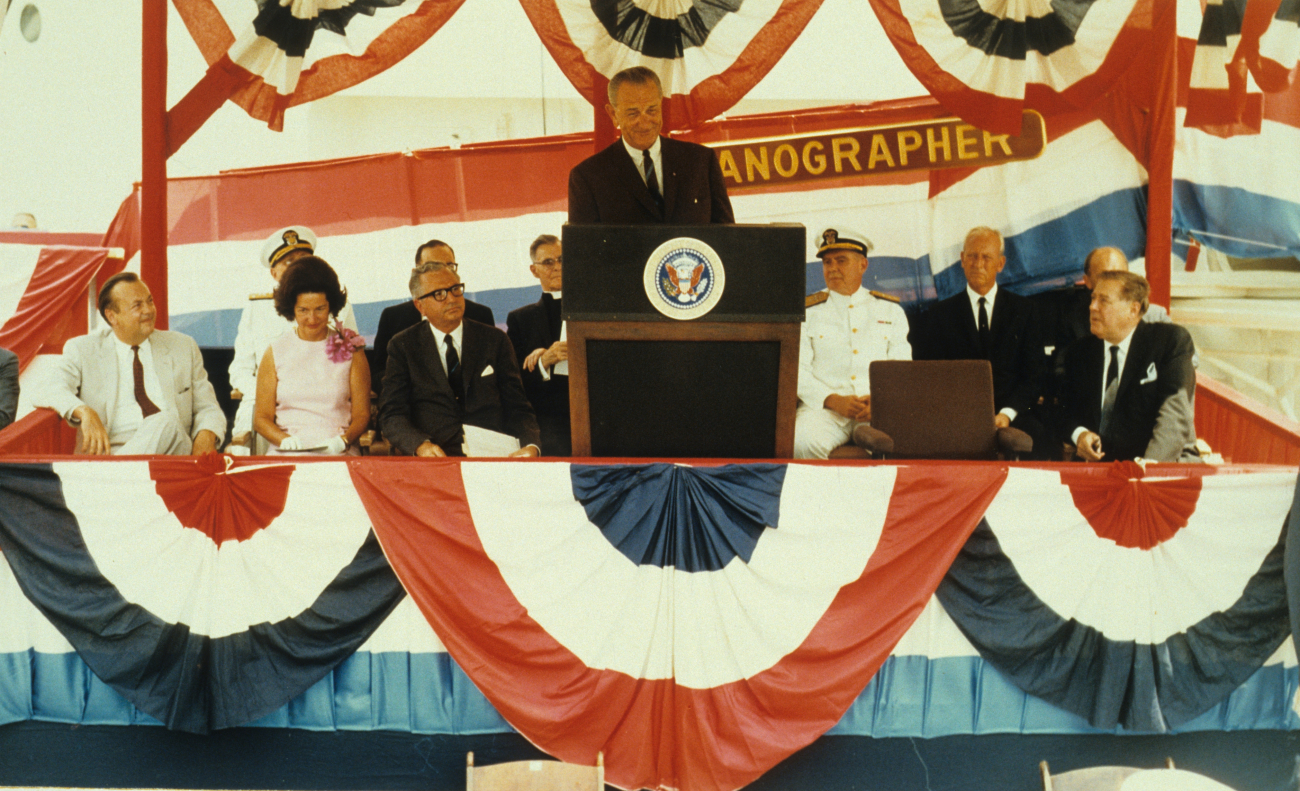 President Lyndon Baines Johnson speaking at the commissioning ceremony of theCoast and Geodetic Survey Ship OCEANOGRAPHER