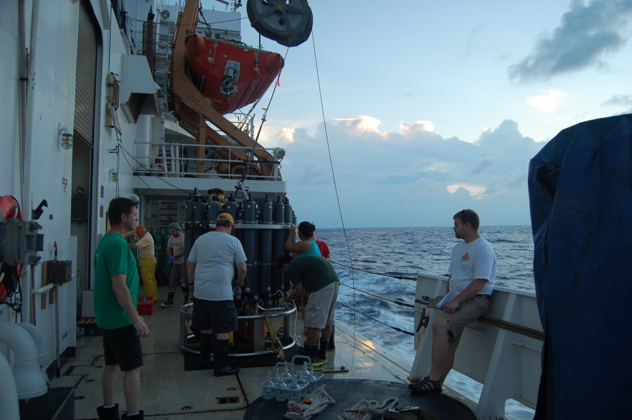 Preparing to deploy a CTD instrument package and water bottle array