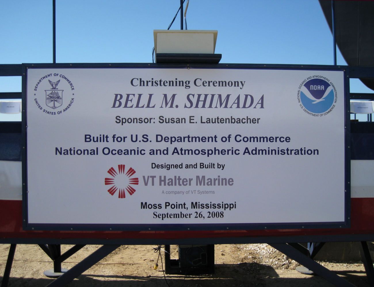 Sign for christening ceremony of NOAA Ship BELL SHIMADA