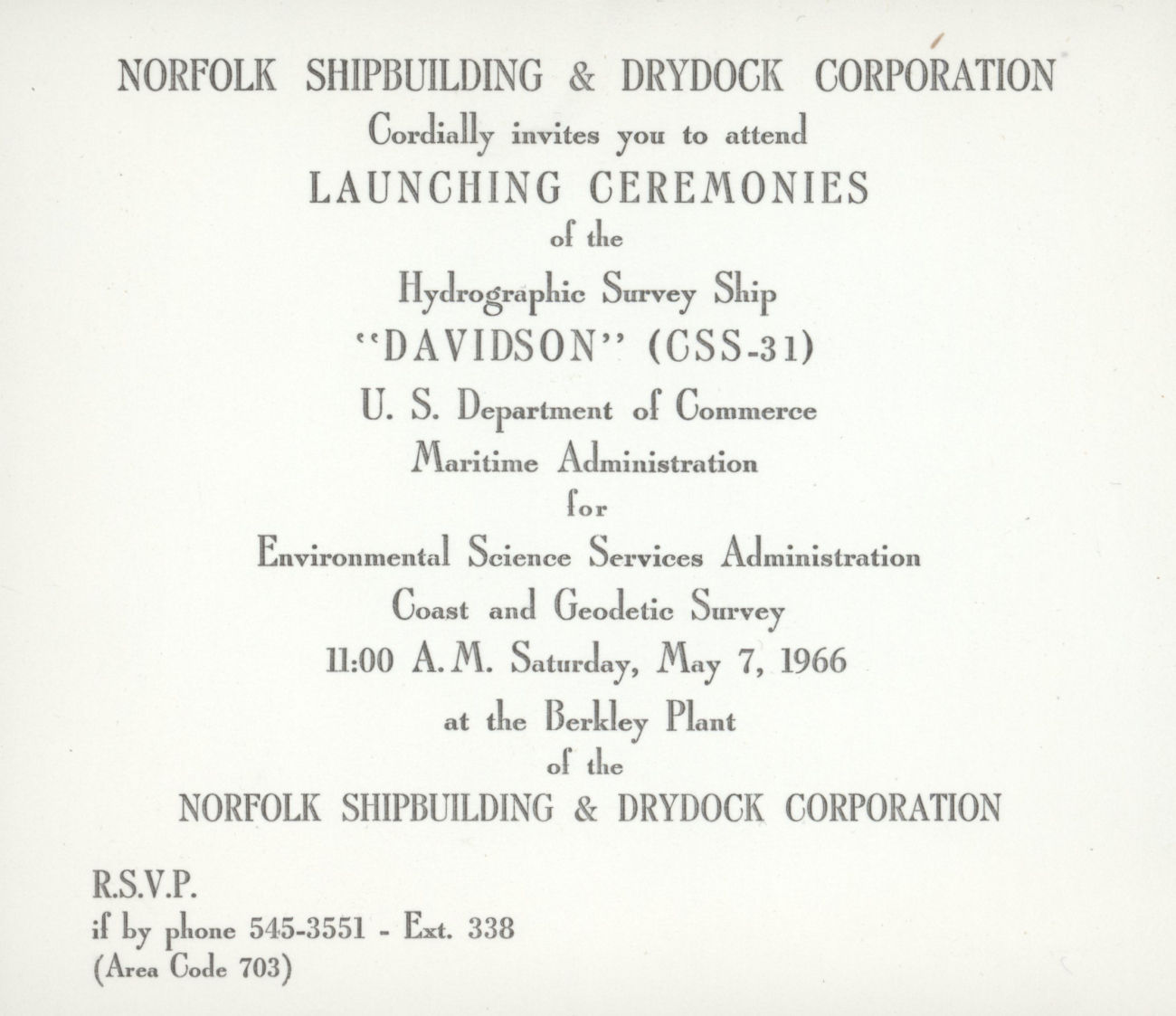 Invitation to launching ceremony of ESSA Ship DAVIDSON on May 7, 1966