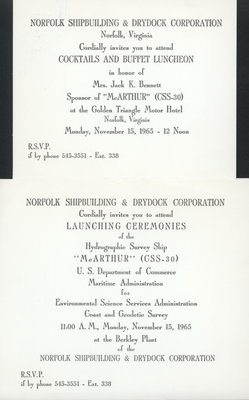 Invitiation to launching ceremony of USC&GS; Ship McARTHUR November 15, 1965
