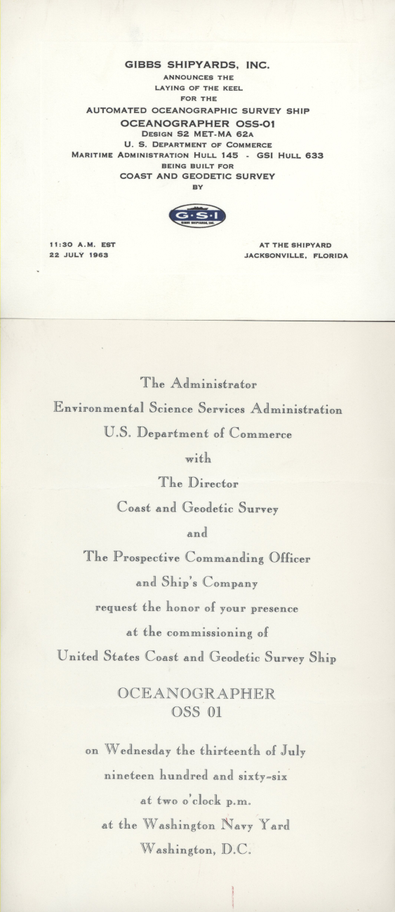 Announcement of keel laying of USC&GS; Ship OCEANOGRAPHER July 22, 1963
