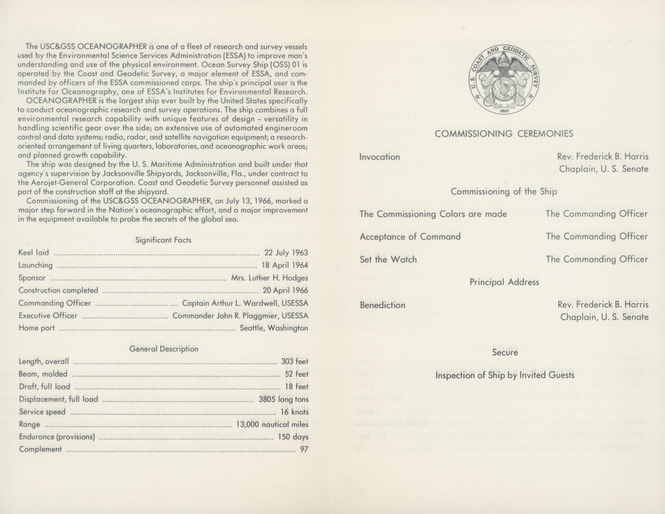 Invitation to commissioning ceremony of USC&GS; Ship OCEANOGRAPHER onJuly 13, 1966