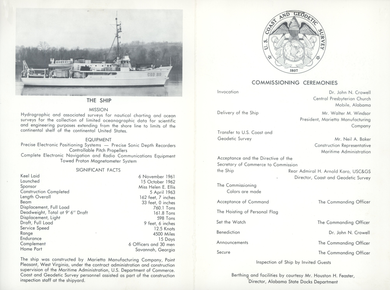 Invitation to commissioning ceremony of Coast and Geodetic Survey Ship PEIRCEon May 6, 1963