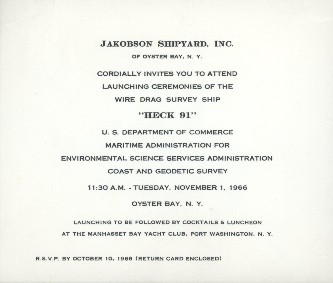 Invitation to the launching of the USC&GS; Ship HECK on November 1, 1966