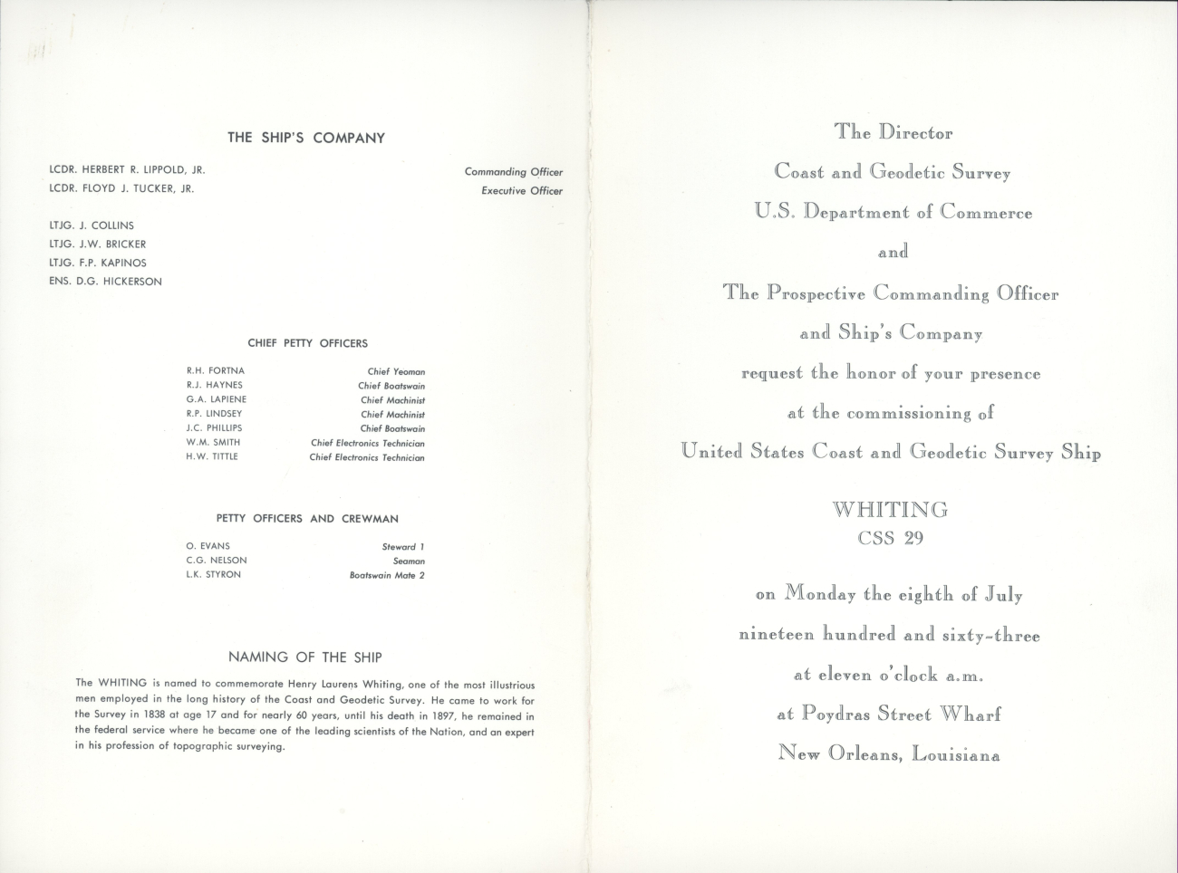 Invitation to commissioning ceremony of USC&GS; Ship WHITING on July 8, 1963