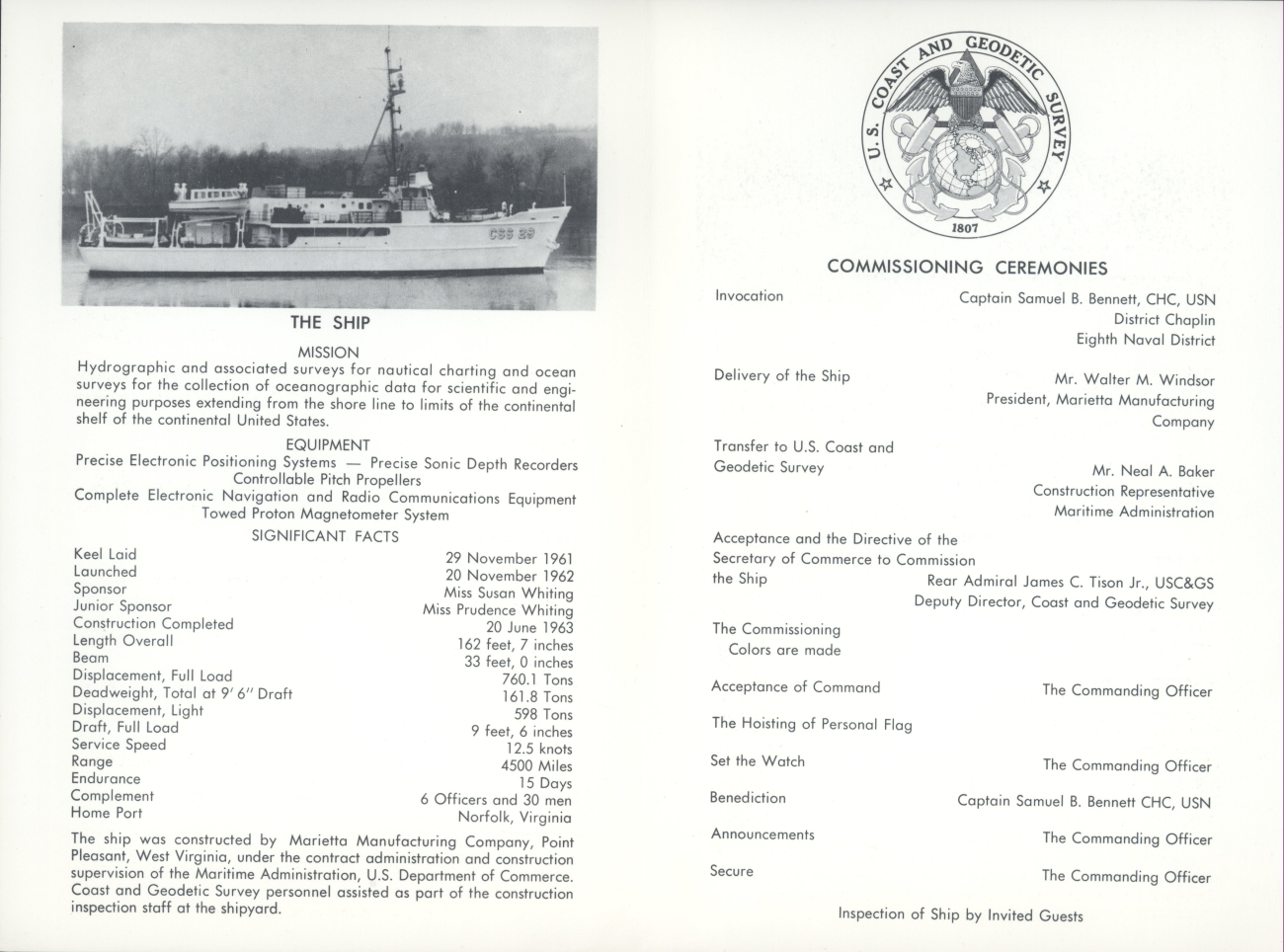 Invitation to commissioning ceremony of USC&GS; Ship WHITING on July 8, 1963