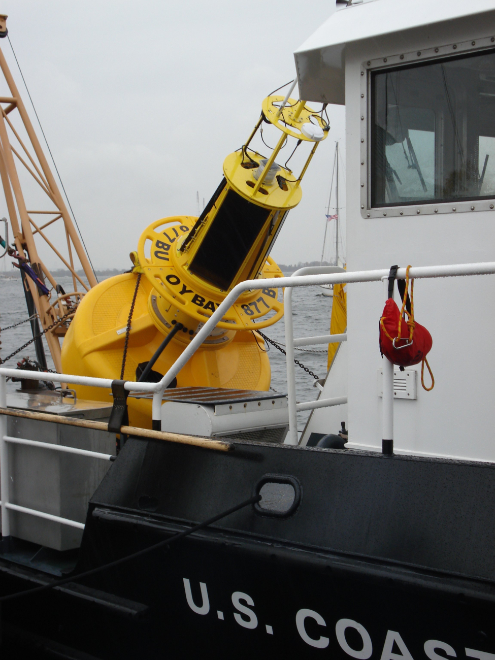 A buoy of the Chesapeake Bay Interpretive Buoy System ready for deploymentfrom Coast Guard Buoy tender